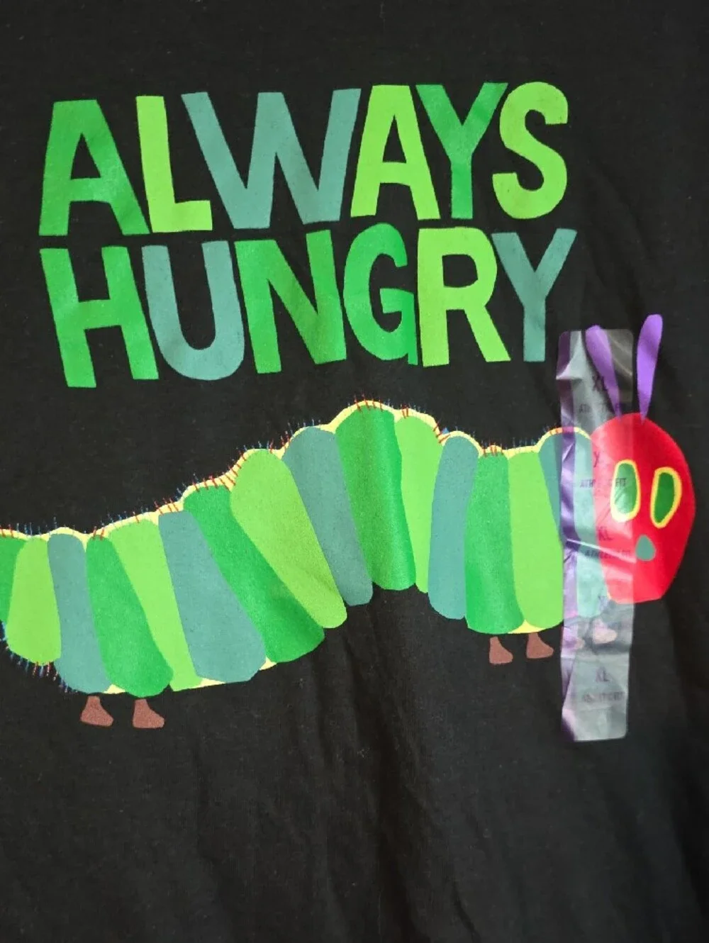 Black 'Always Hungry' Caterpillar Graphic Tee Size XL NWT